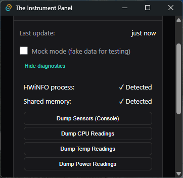 Diagnostics dashboard used during testing