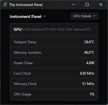 GPU detail view with temperatures, power, clocks, and usage