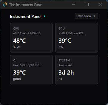 Overview dashboard showing CPU, GPU, Storage, and System cards