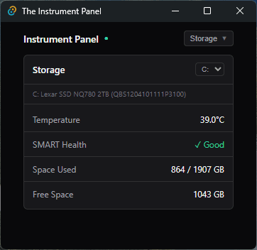 Storage detail view with temperature, health, and disk space