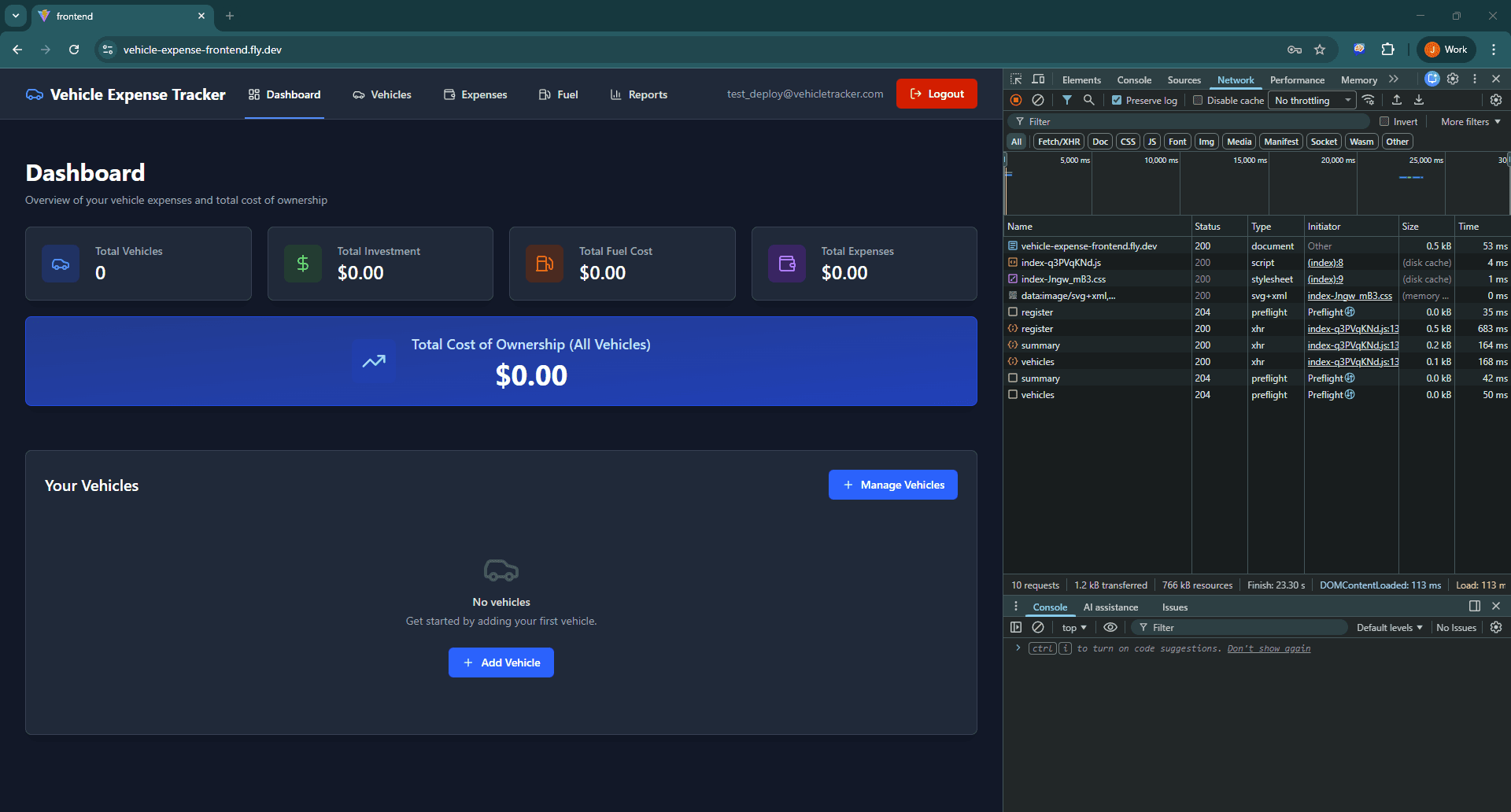 Vehicle Expense Tracker TCO dashboard showing cost breakdowns and monthly spending trends.