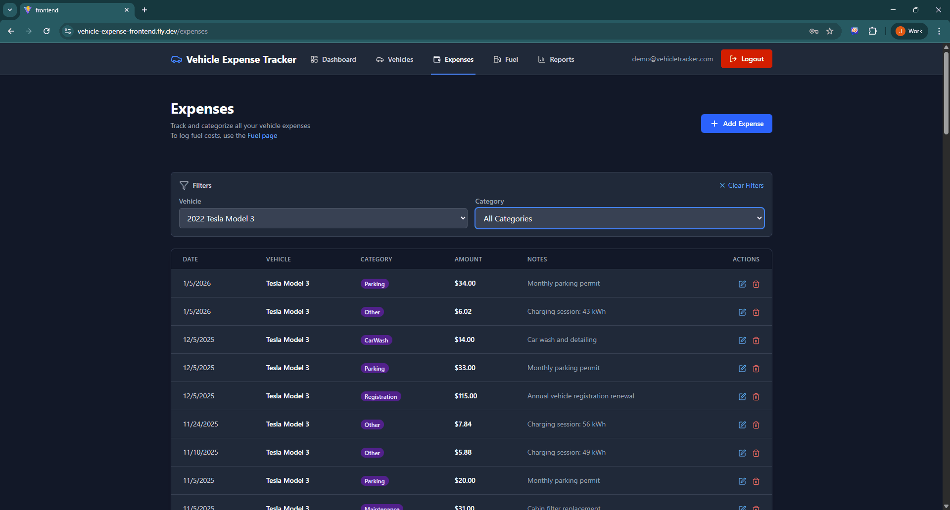 Expense tracking view with categorized expenses and filtering options.