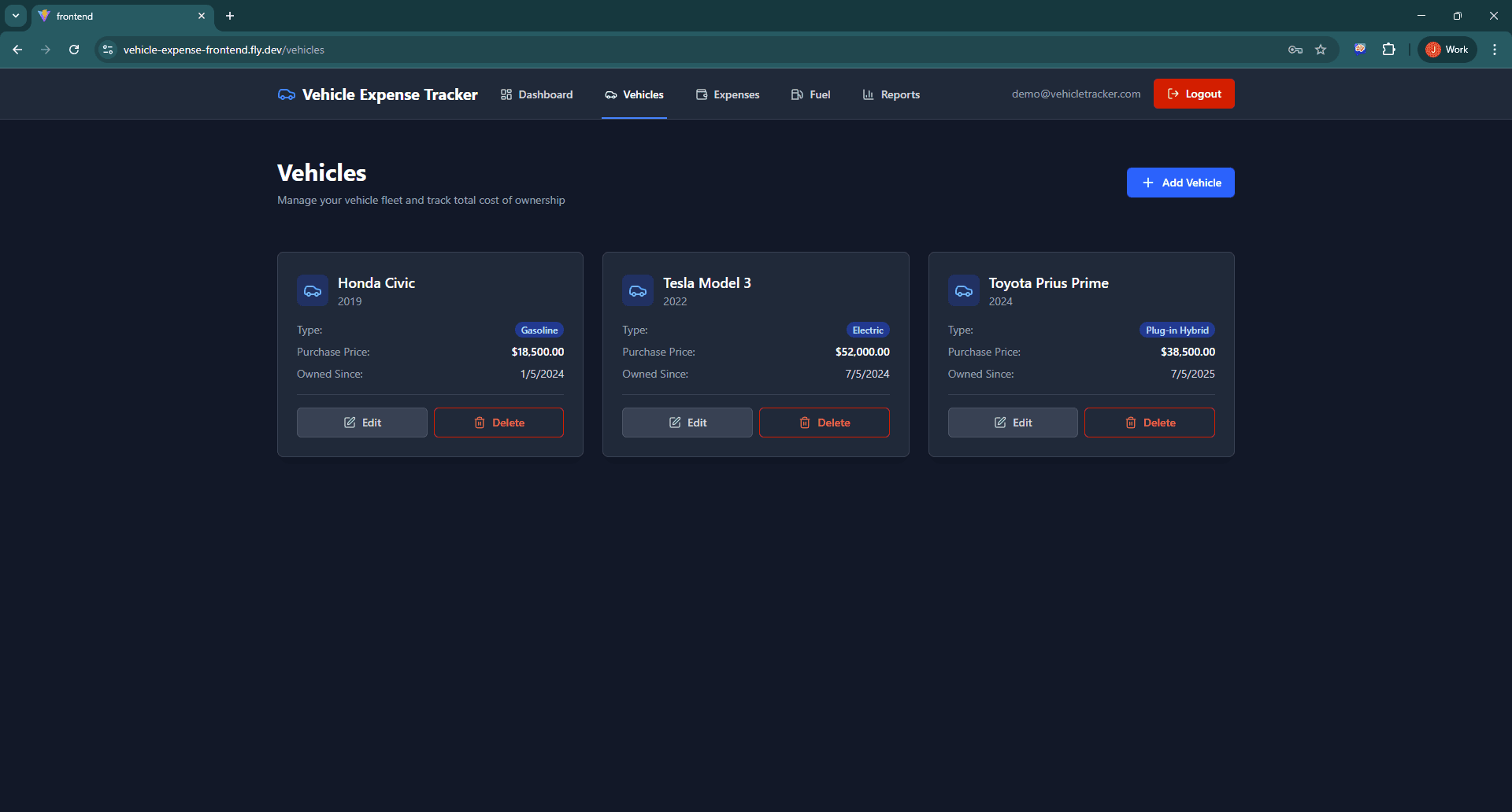 Vehicle management interface showing multiple vehicles with TCO summaries.