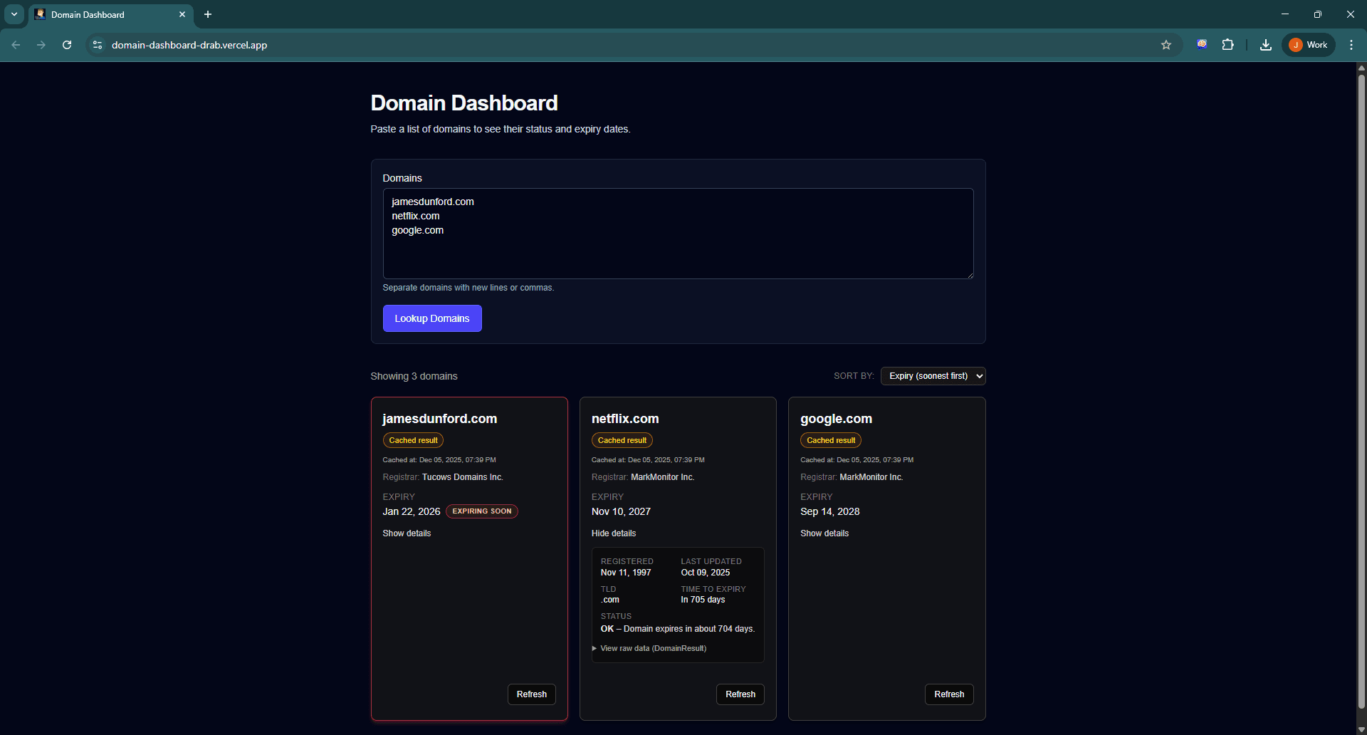Expanded domain card showing structured RDAP details and cached result indicators.