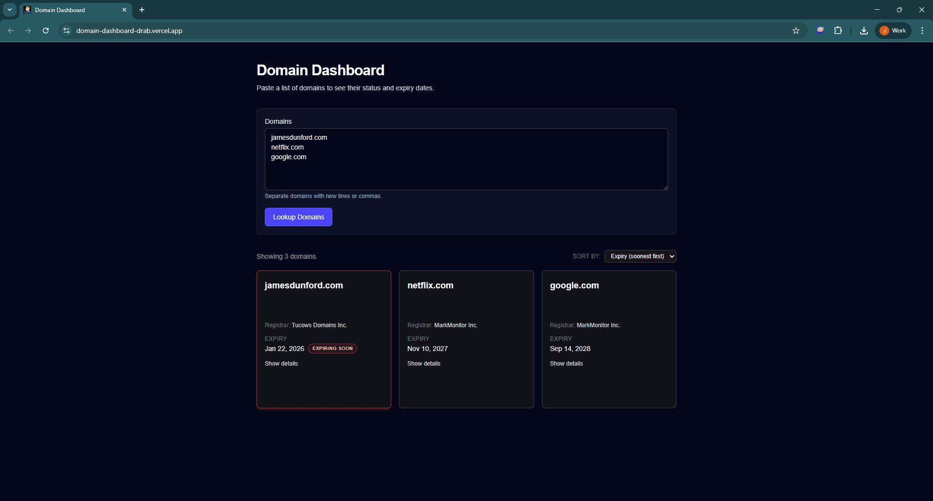 Domain Dashboard showing multiple domain cards with expiry dates and an expiring-soon highlight.