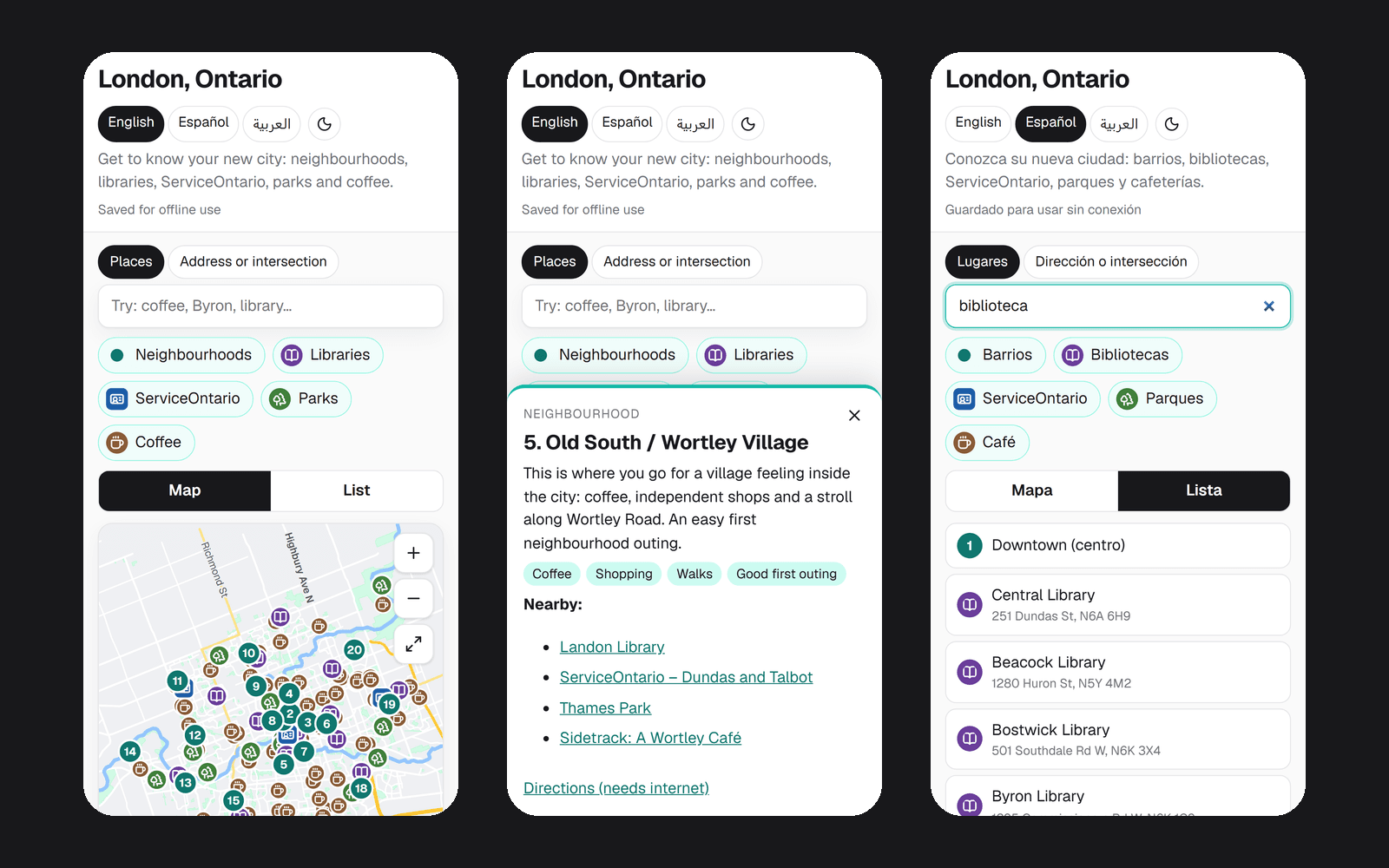 Three phone screens: the map view, Wortley Village details in a bottom sheet, and a Spanish search for biblioteca