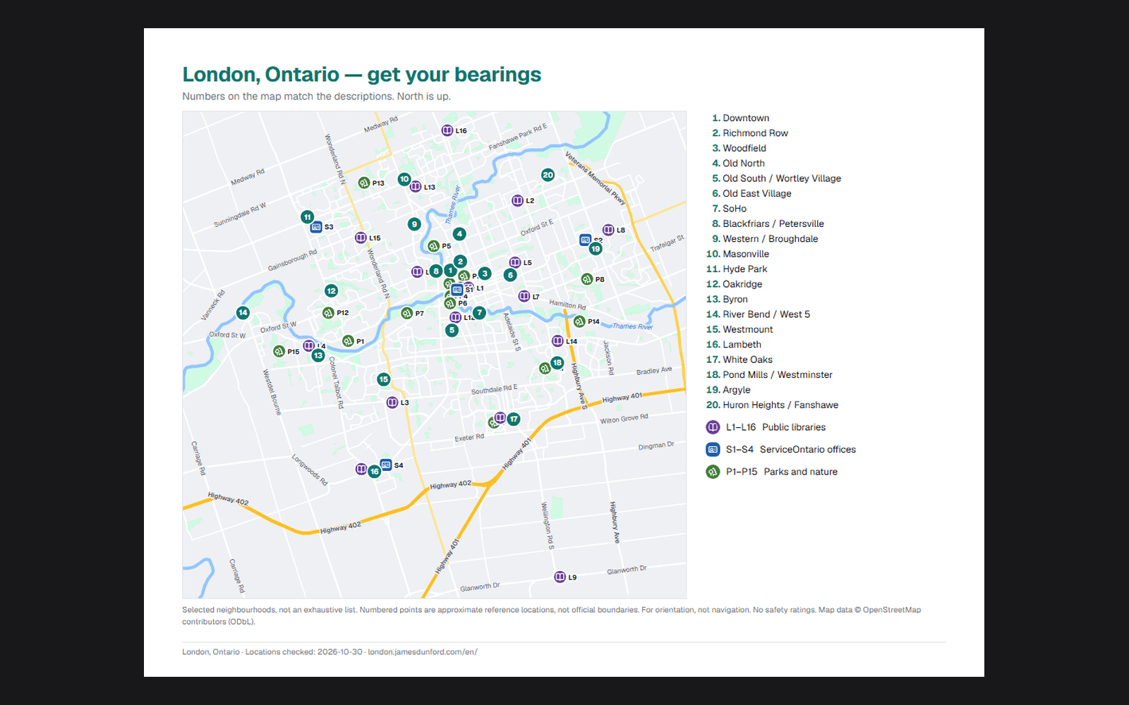 Printed map page with numbered neighbourhoods and coded libraries, ServiceOntario offices and parks