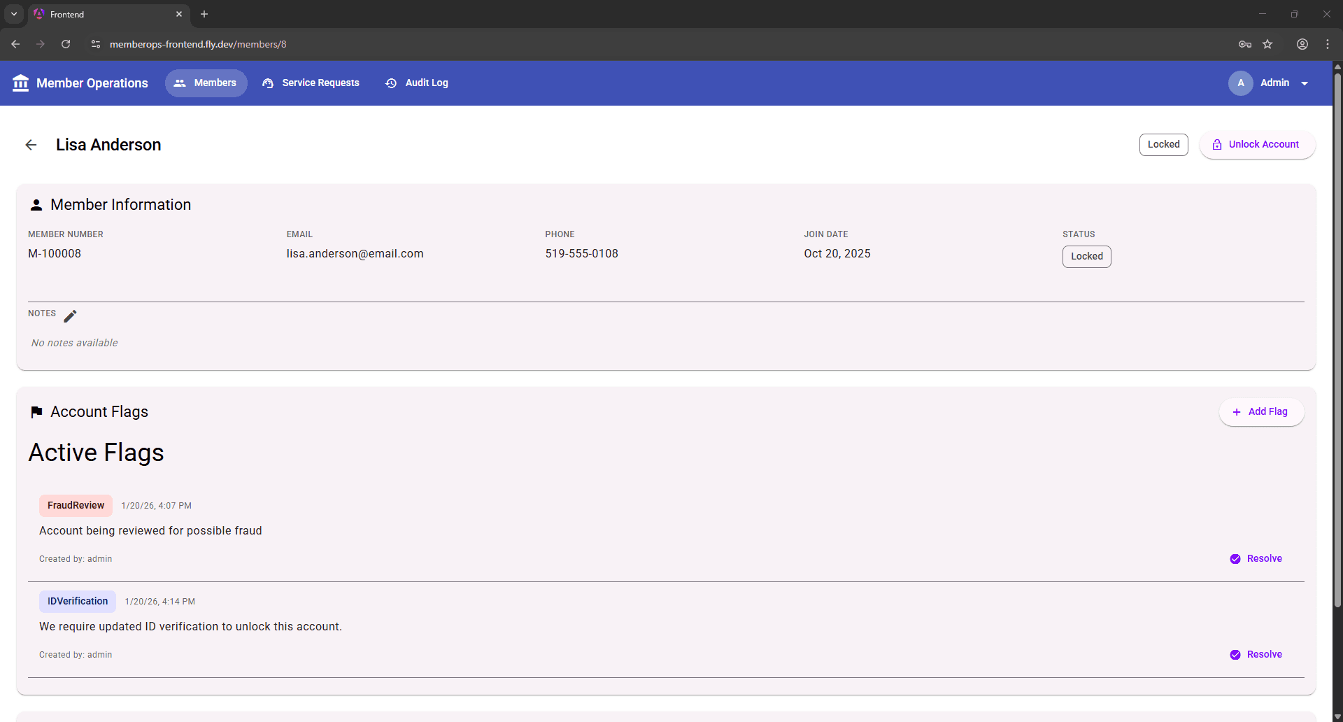 Detailed member view showing flags and account management options.
