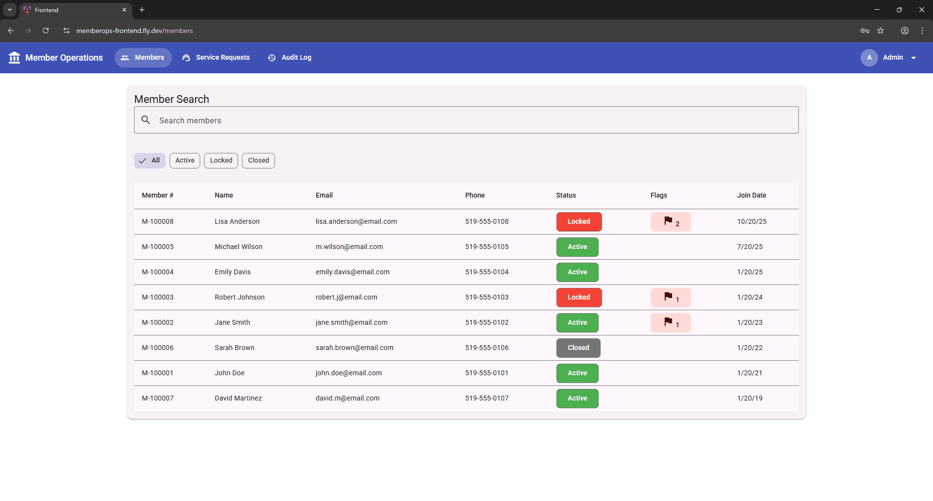 Member list view with search, status indicators, and flag counts.