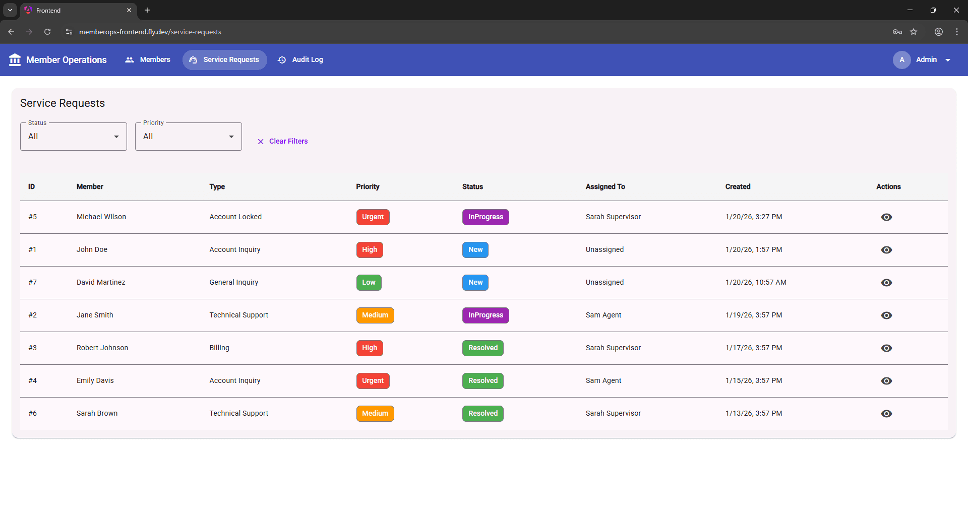 Service request list showing status and priority with colored chips.