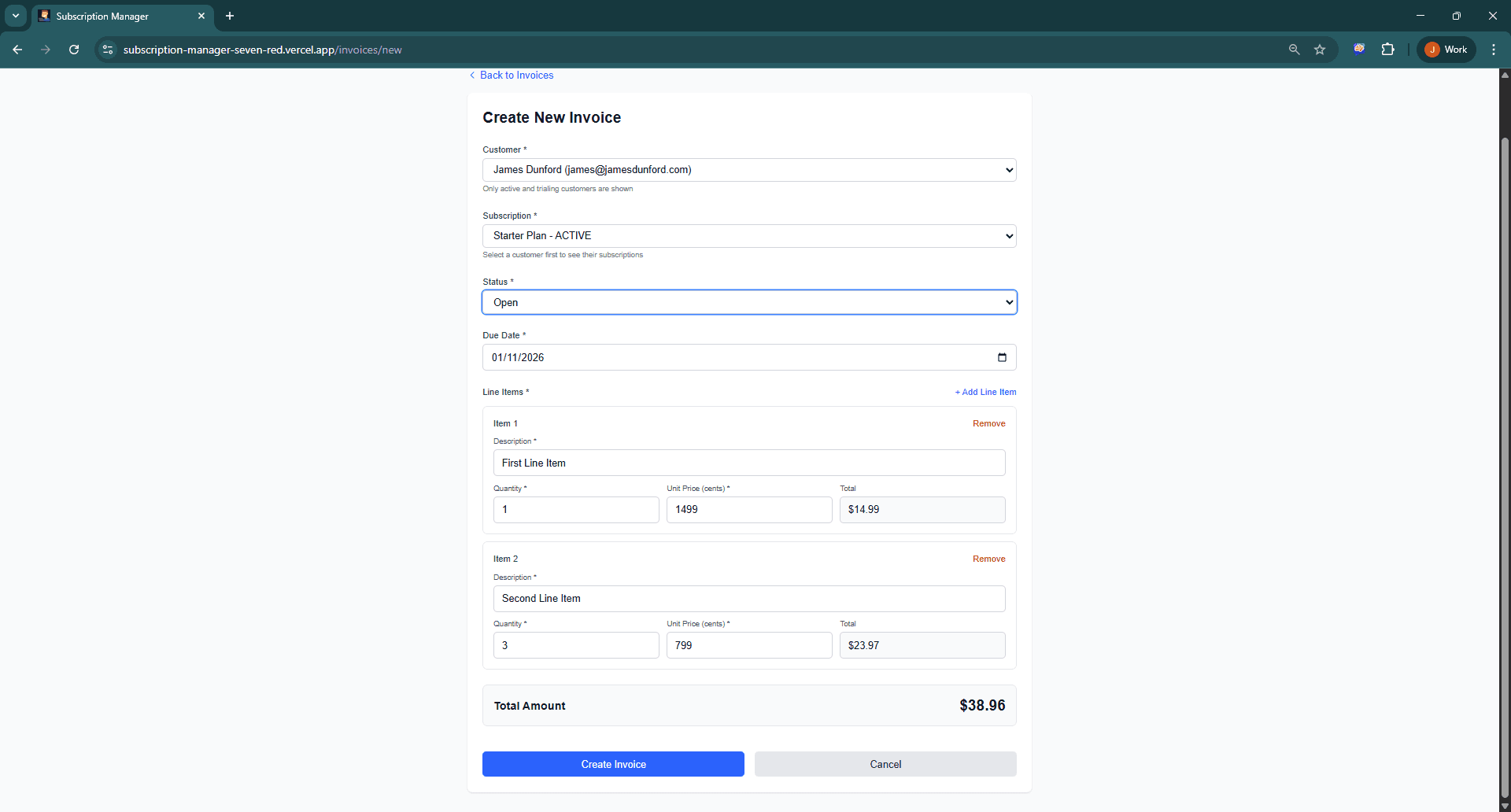 Create invoice form showing line items, totals, and validation-driven inputs.