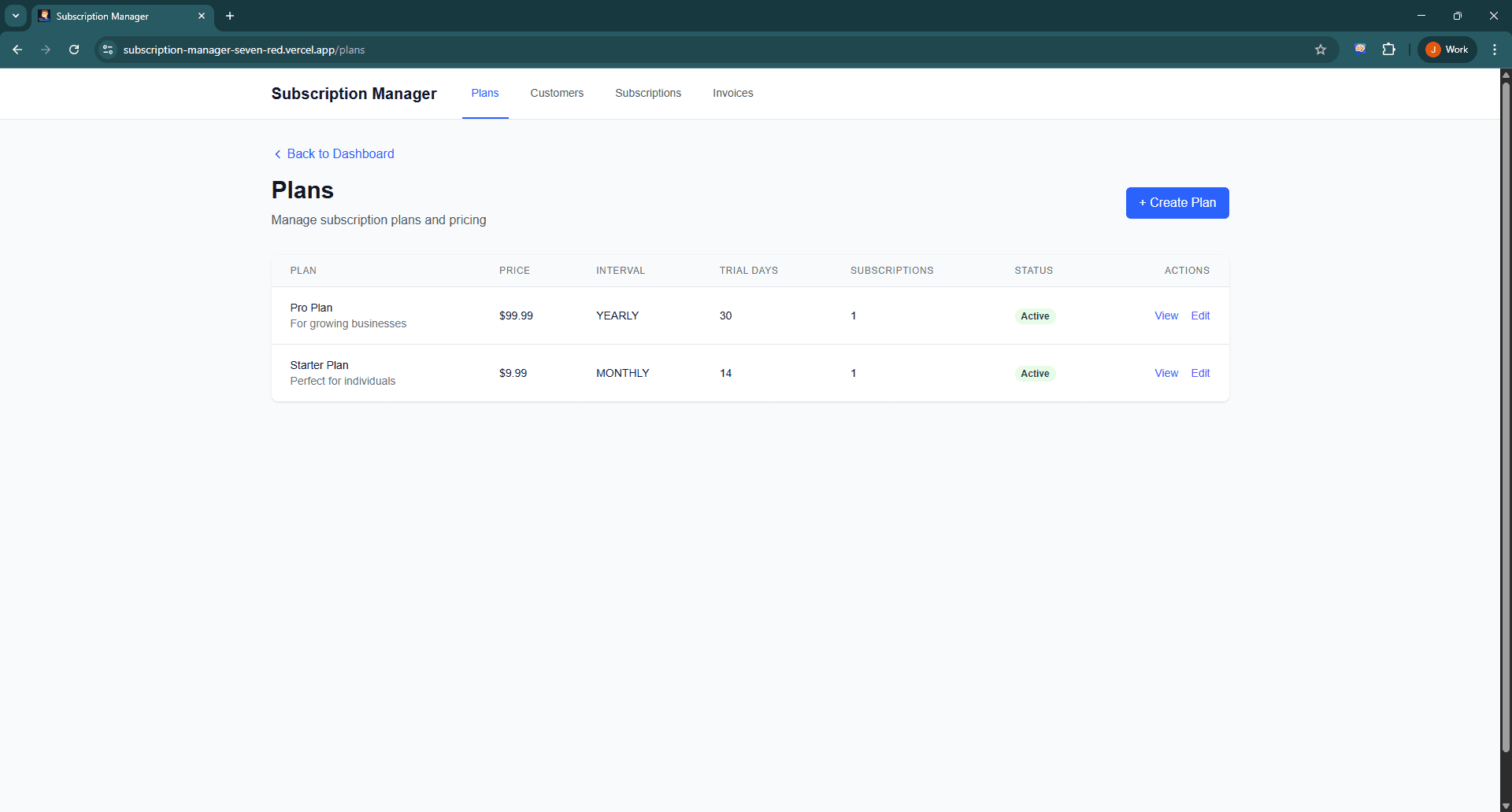 Subscription Manager plans list showing plan pricing, billing intervals, status, and actions.