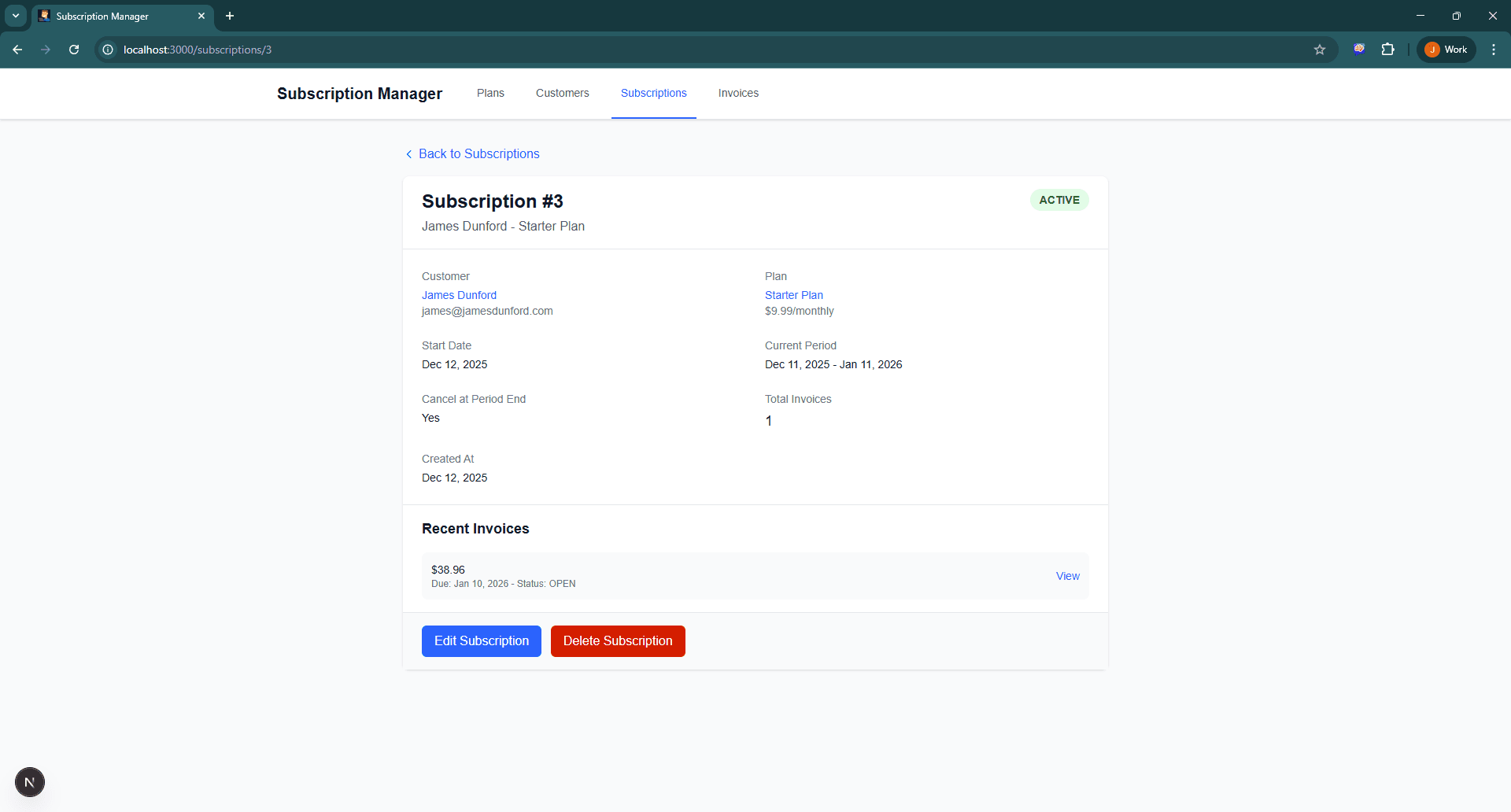 Subscription detail view showing customer and plan relationships with recent invoices.